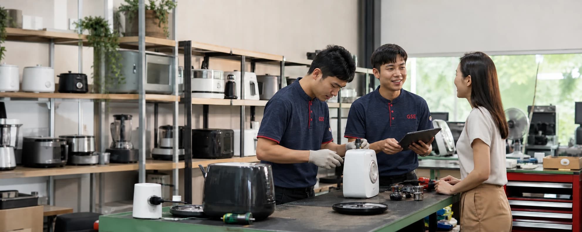 ทีมบริการตรวจเช็กเครื่องใช้ไฟฟ้าและให้คำแนะนำลูกค้าภายในศูนย์บริการ
