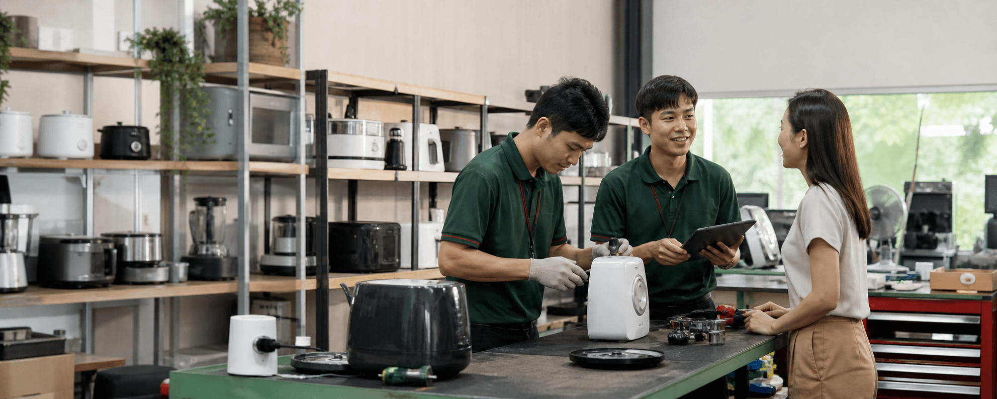 ทีมบริการตรวจเช็กเครื่องใช้ไฟฟ้าและให้คำแนะนำลูกค้าภายในศูนย์บริการ